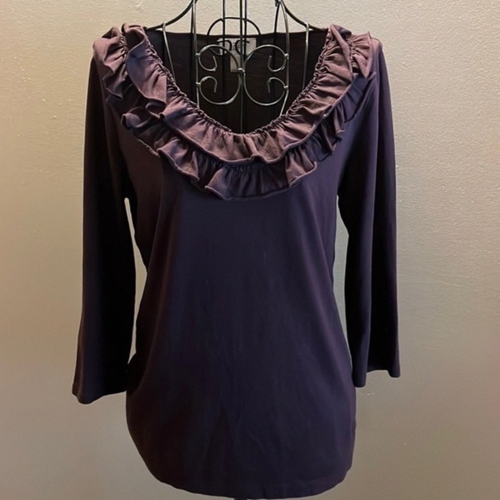 Ruffle Scoop Neck Long-Sleeve Top in Deep Plum
